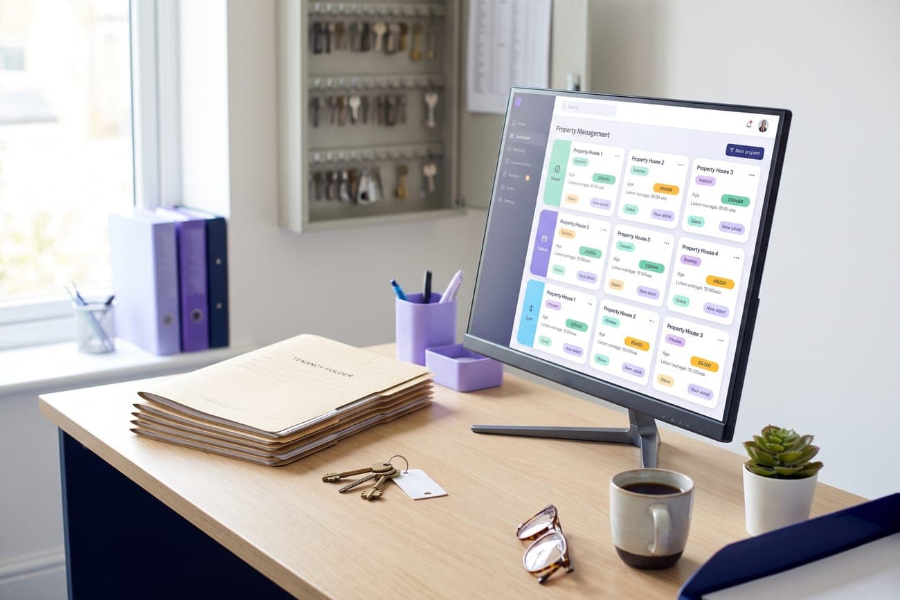 A lettings desk at the end of the day — tenancy paperwork, keys on paper fobs and a warm desk lamp